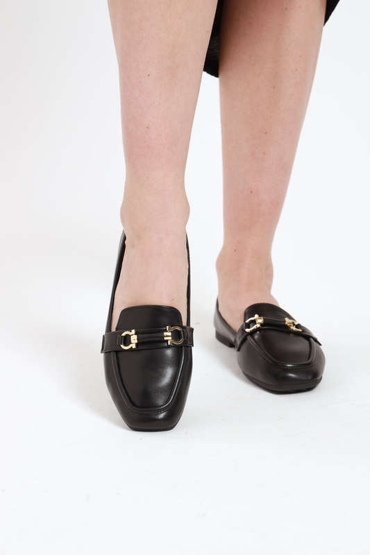 Ladies Square Toe Flat Heel Loafer Black Office Shoes