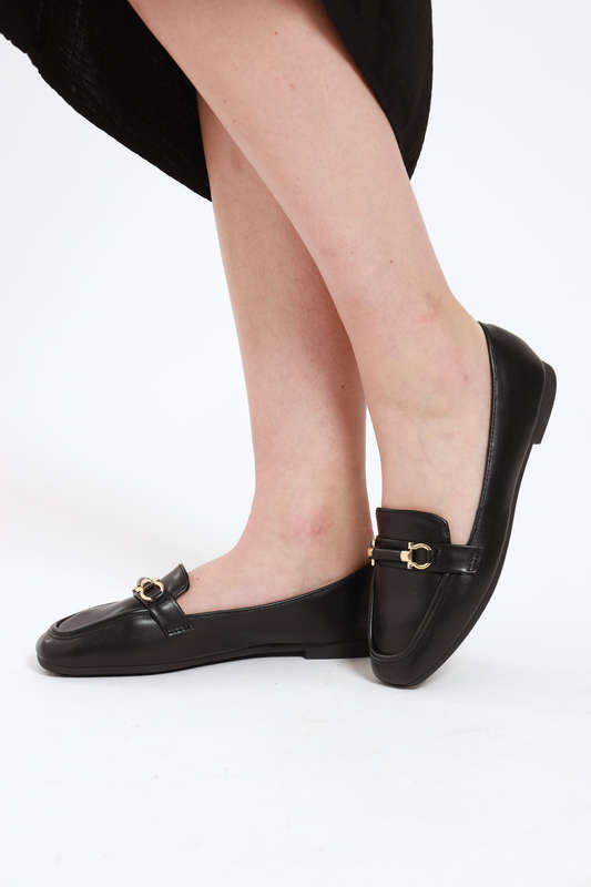 Ladies Square Toe Flat Heel Loafer Black Office Shoes