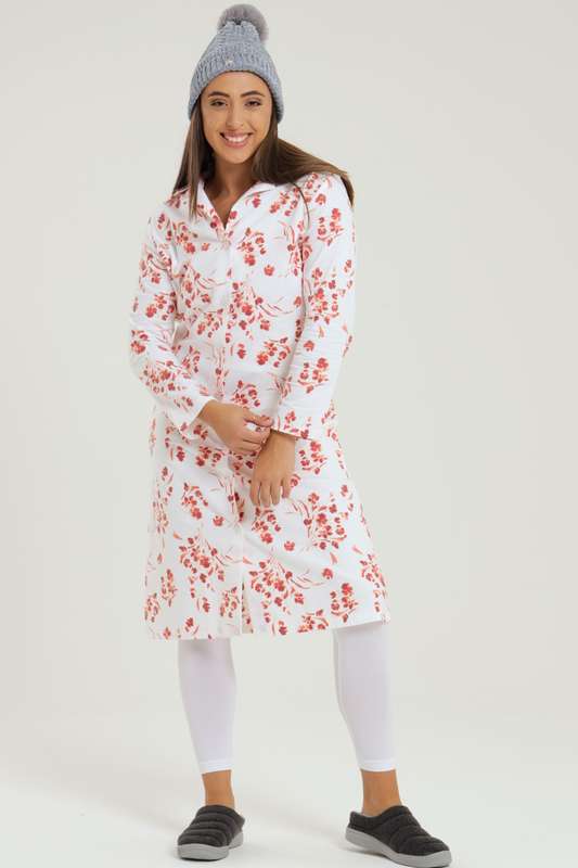 Ellery Rose Print Flannel Button Down Winter Sleep Shirt Dress