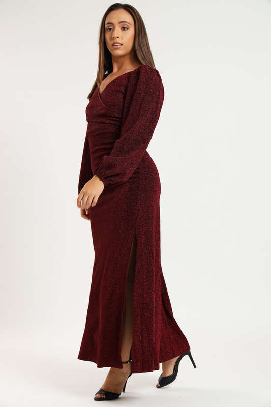 Cindy Shimmer Long Sleeve Evening Formal Maxi Dress