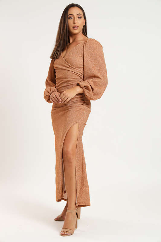 Cindy Shimmer Long Sleeve Evening Formal Maxi Dress