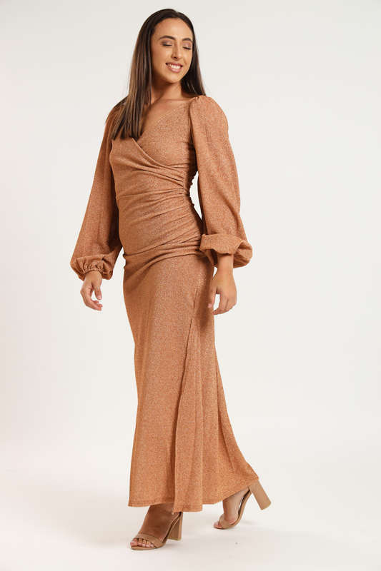 Cindy Shimmer Long Sleeve Evening Formal Maxi Dress