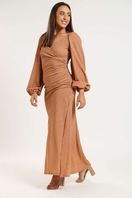 Cindy Shimmer Long Sleeve Evening Formal Maxi Dress
