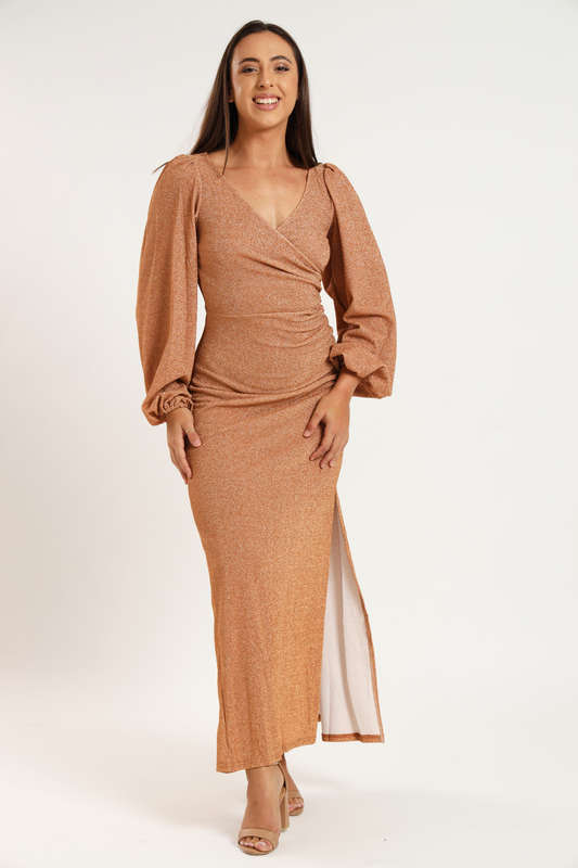 Cindy Shimmer Long Sleeve Evening Formal Maxi Dress