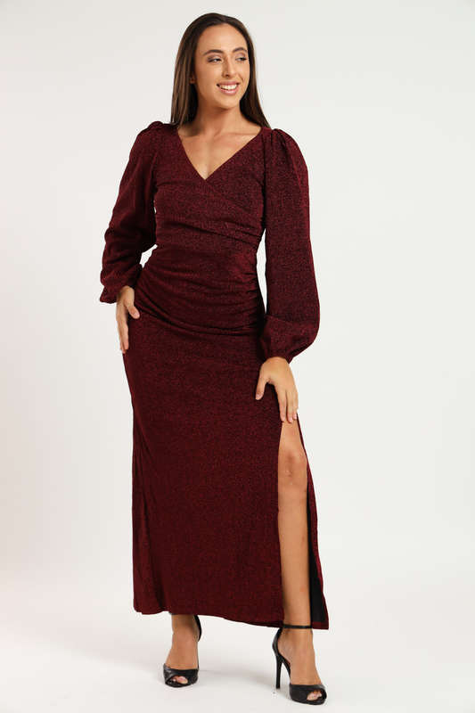 Cindy Shimmer Long Sleeve Evening Formal Maxi Dress
