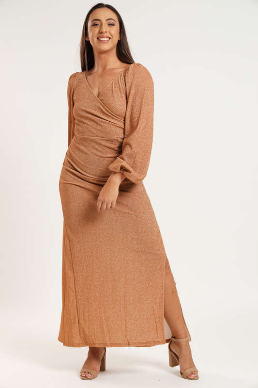 Cindy Shimmer Long Sleeve Evening Formal Maxi Dress