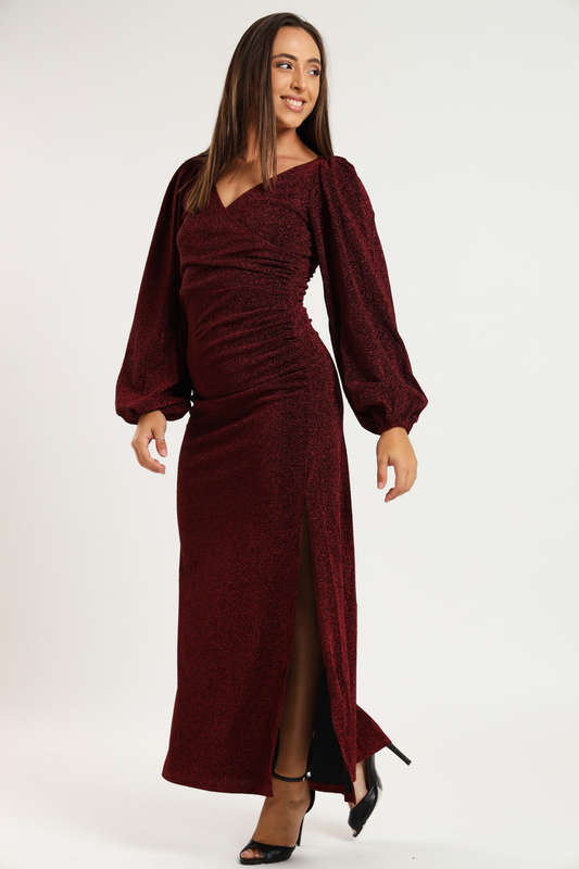 Cindy Shimmer Long Sleeve Evening Formal Maxi Dress