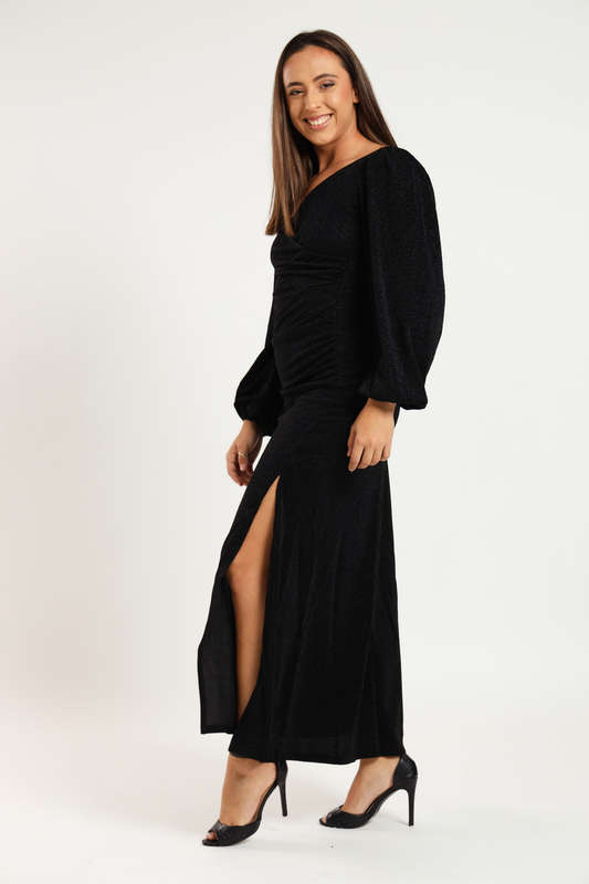 Cindy Shimmer Long Sleeve Evening Formal Maxi Dress