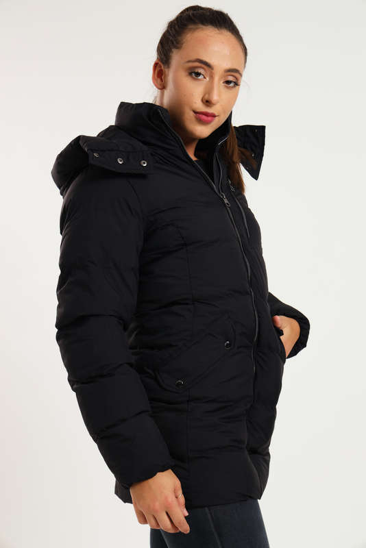 Ladies Black Elite Winter Long Hooded Puffer Jacket With Easy Carry Bag