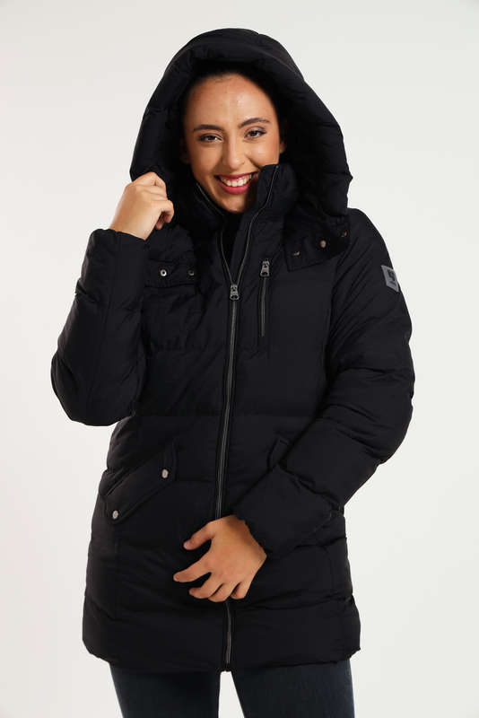 Ladies Black Elite Winter Long Hooded Puffer Jacket With Easy Carry Bag