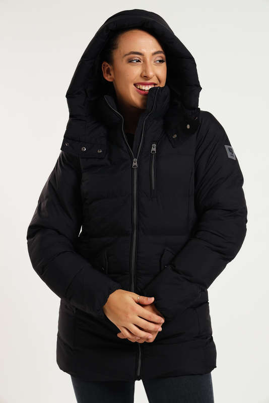 Ladies Black Elite Winter Long Hooded Puffer Jacket With Easy Carry Bag