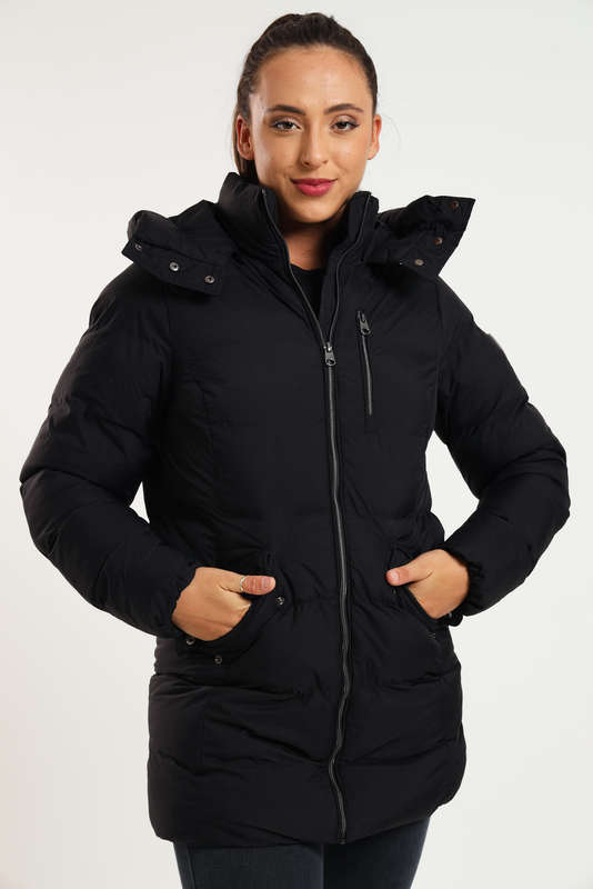 Ladies Black Elite Winter Long Hooded Puffer Jacket With Easy Carry Bag