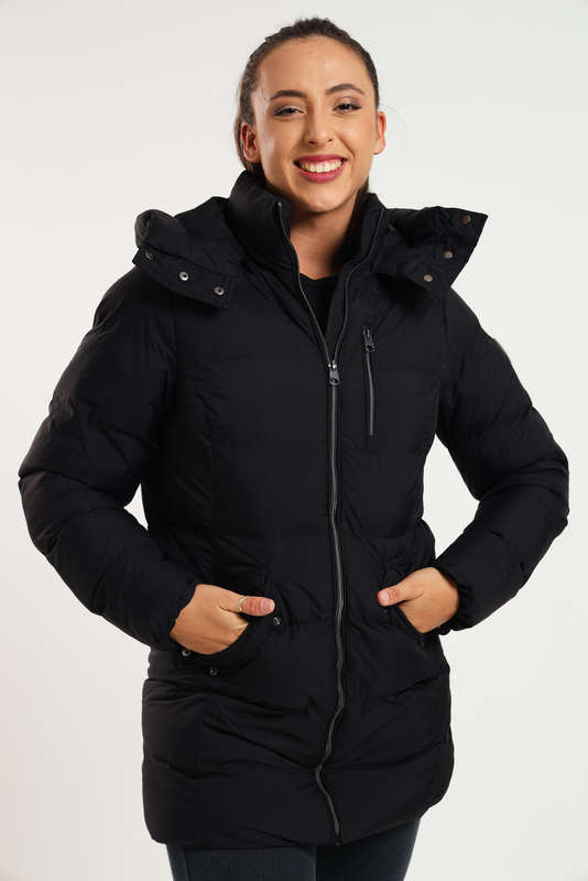 Ladies Black Elite Winter Long Hooded Puffer Jacket With Easy Carry Bag