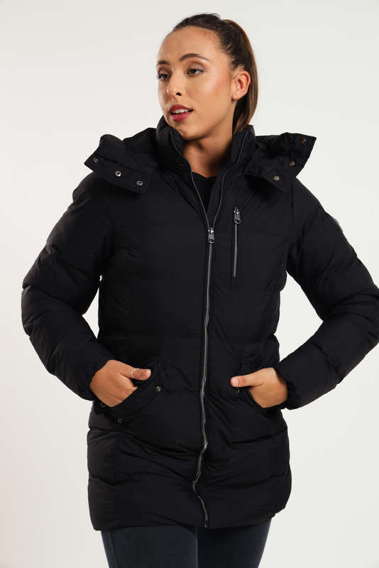 Ladies Black Elite Winter Long Hooded Puffer Jacket With Easy Carry Bag