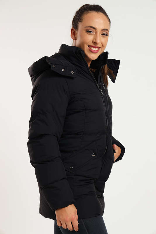 Ladies Black Elite Winter Long Hooded Puffer Jacket With Easy Carry Bag