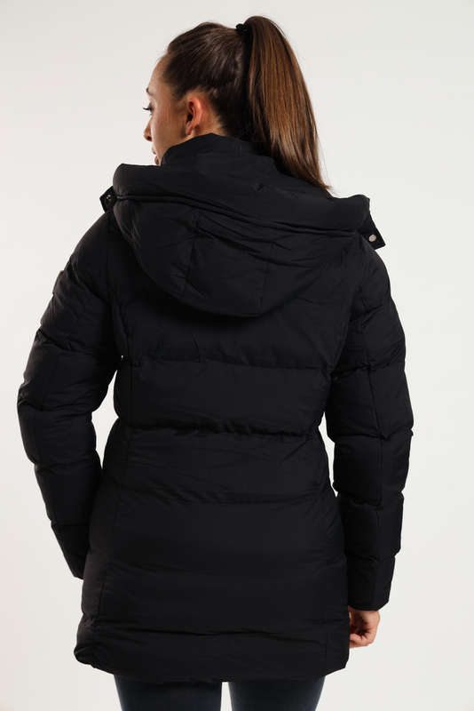 Ladies Black Elite Winter Long Hooded Puffer Jacket With Easy Carry Bag