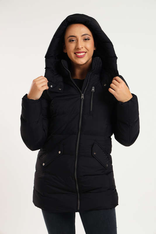Ladies Black Elite Winter Long Hooded Puffer Jacket With Easy Carry Bag