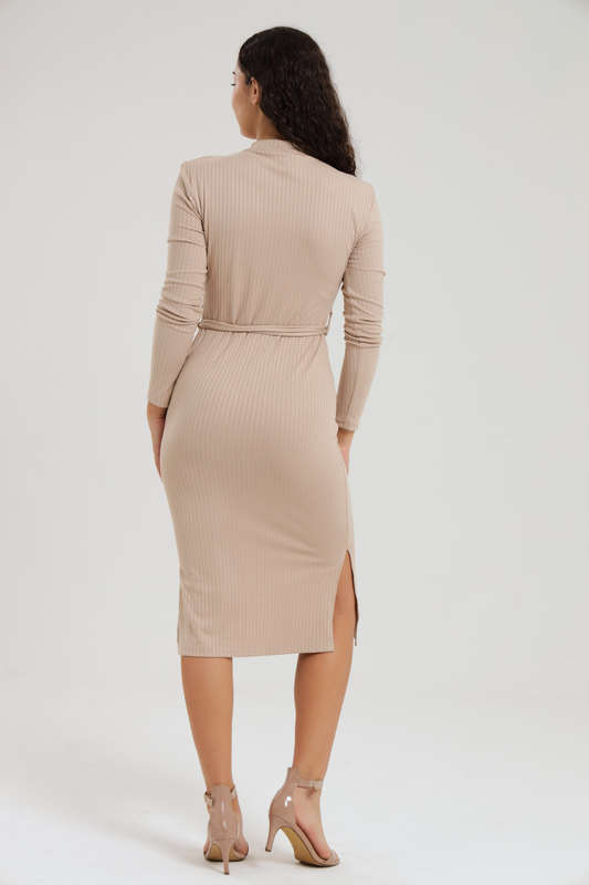Ladies Ribbed Side Slit Long Sleeve Dress with Belt