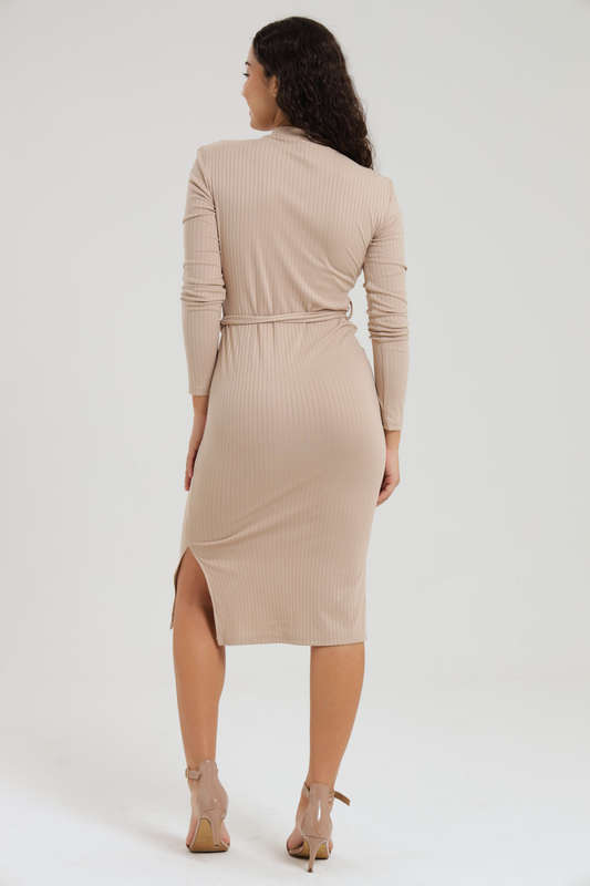 Ladies Ribbed Side Slit Long Sleeve Dress with Belt