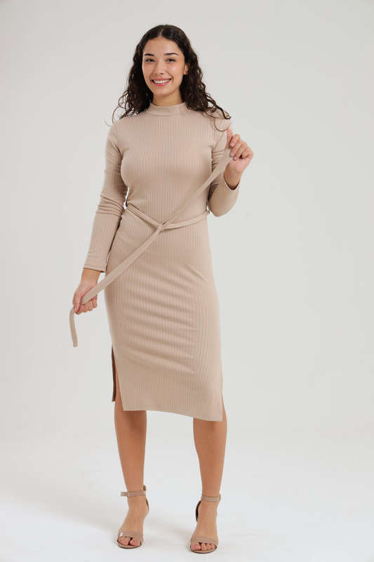 Ladies Ribbed Side Slit Long Sleeve Dress with Belt