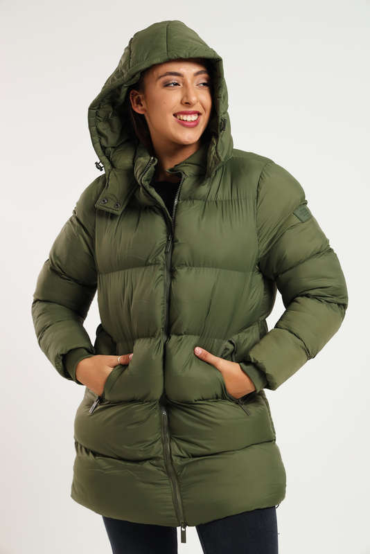 Ladies Winter Long Hooded Puffer Jacket With Easy Carry Bag