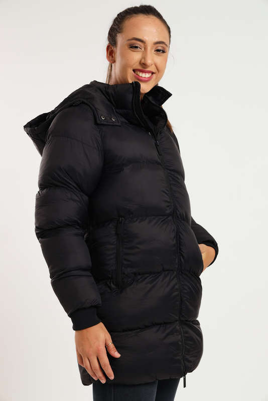 Ladies Winter Long Hooded Puffer Jacket With Easy Carry Bag