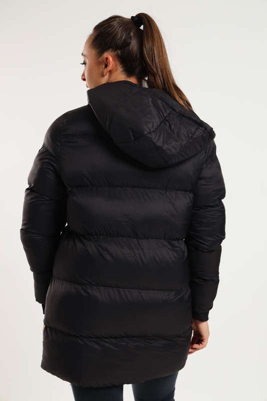 Ladies Winter Long Hooded Puffer Jacket With Easy Carry Bag
