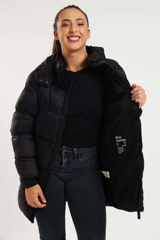 Ladies Winter Long Hooded Puffer Jacket With Easy Carry Bag