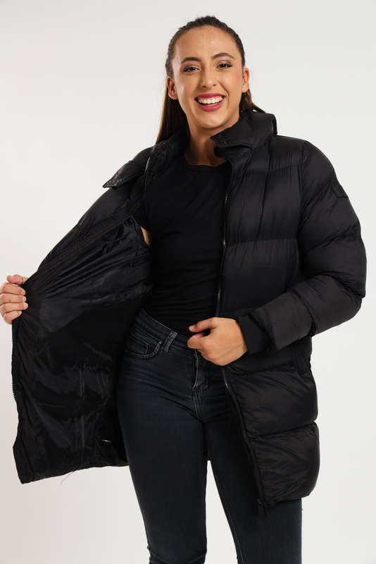 Ladies Winter Long Hooded Puffer Jacket With Easy Carry Bag