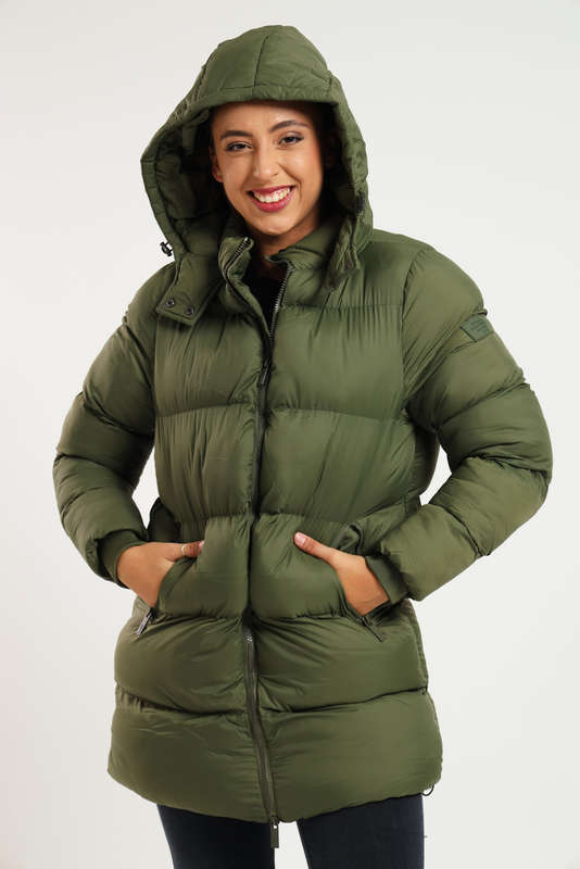 Ladies Winter Long Hooded Puffer Jacket With Easy Carry Bag