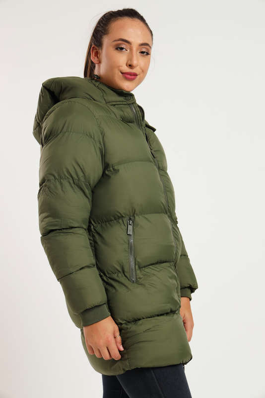 Ladies Winter Long Hooded Puffer Jacket With Easy Carry Bag
