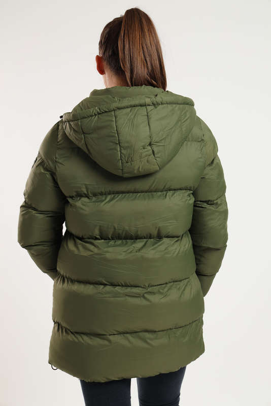 Ladies Winter Long Hooded Puffer Jacket With Easy Carry Bag