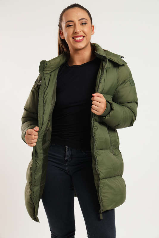 Ladies Winter Long Hooded Puffer Jacket With Easy Carry Bag