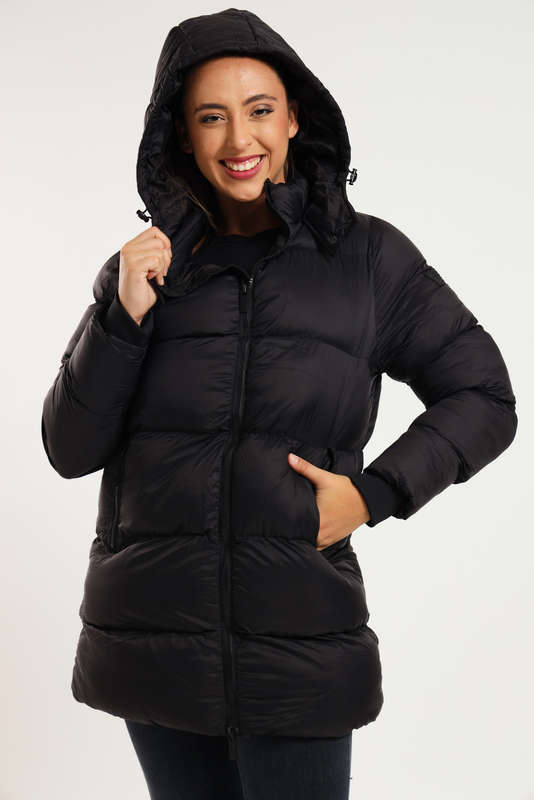 Ladies Winter Long Hooded Puffer Jacket With Easy Carry Bag