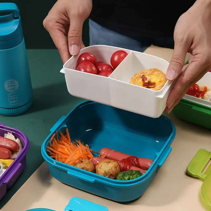 Senza Square 900ml Plastic Divided Lunch Box &amp; 350ml Water Bottle Set With Spoon