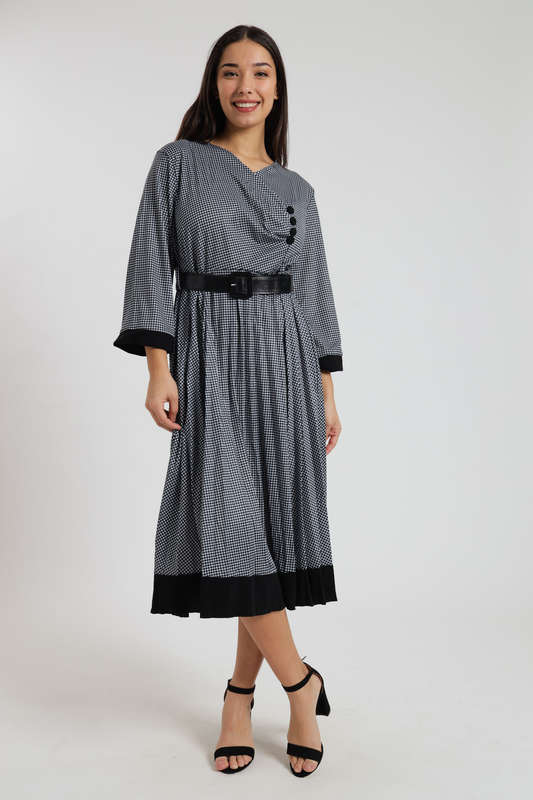Alaina Midaxi Houndstooth Long Sleeve Pleated Dress with Rouche Design &amp; Belt