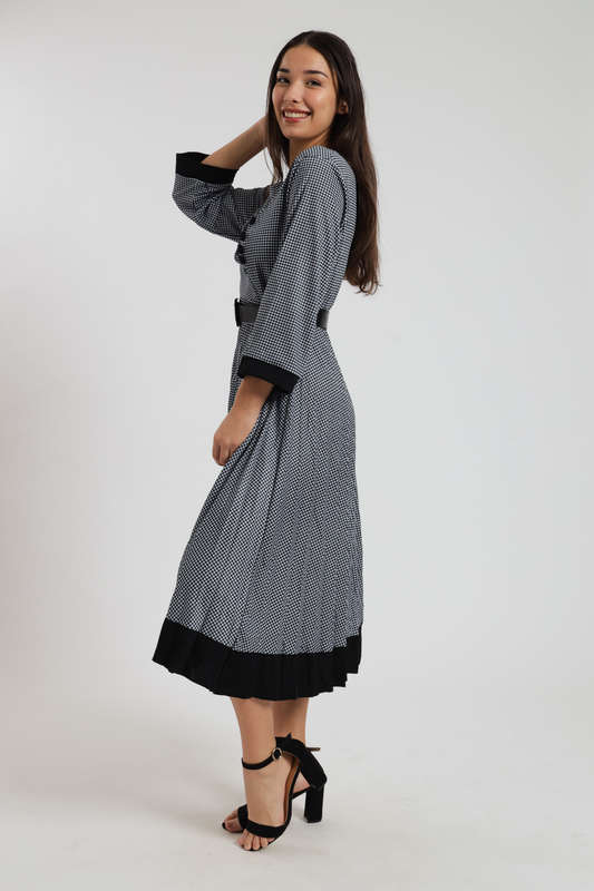 Alaina Midaxi Houndstooth Long Sleeve Pleated Dress with Rouche Design &amp; Belt