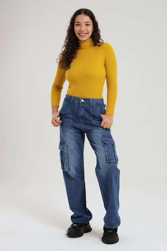 Ladies Blue High Waist Boyfriend Jeans With Side Pockets