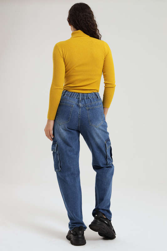 Ladies Blue High Waist Boyfriend Jeans With Side Pockets