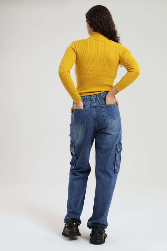 Ladies Blue High Waist Boyfriend Jeans With Side Pockets