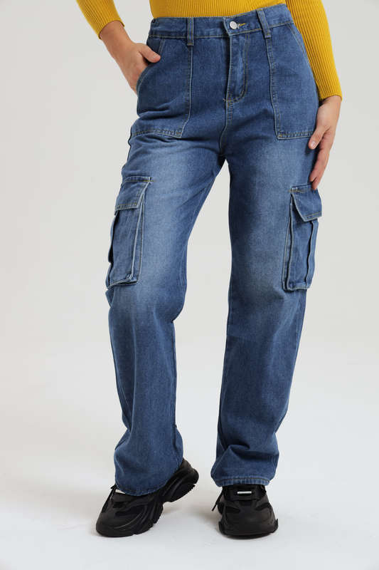 Ladies Blue High Waist Boyfriend Jeans With Side Pockets