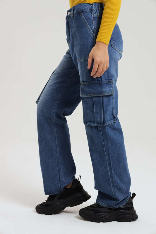 Ladies Blue High Waist Boyfriend Jeans With Side Pockets