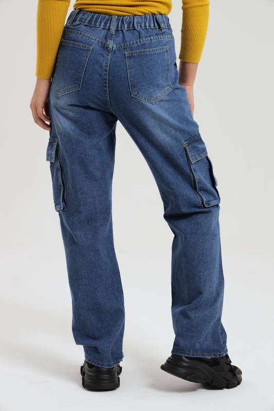 Ladies Blue High Waist Boyfriend Jeans With Side Pockets