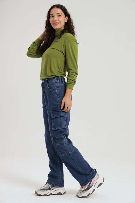 Ladies Blue High Waist Boyfriend Jeans With Side Pockets