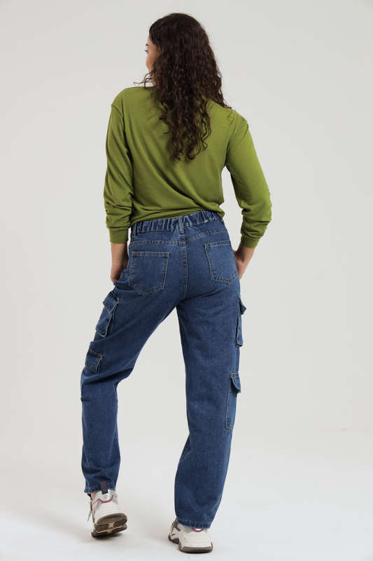 Ladies Blue High Waist Boyfriend Jeans With Side Pockets