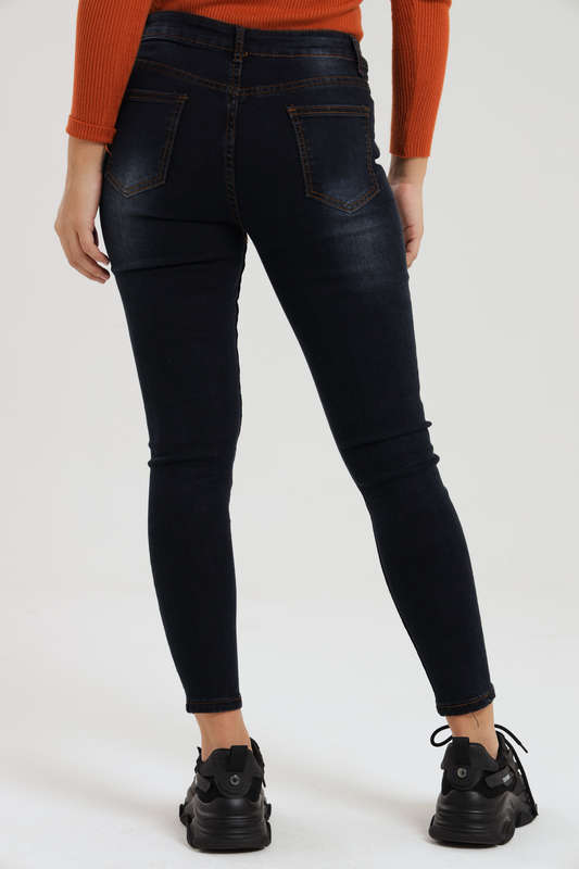 Ladies Dark Blue High Rise Ripped Stretch Skinny Jeans