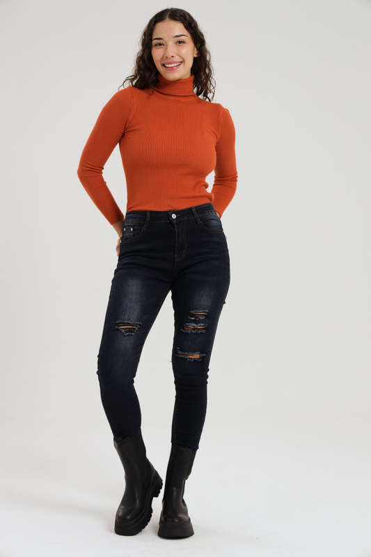 Ladies Dark Blue High Rise Ripped Stretch Skinny Jeans
