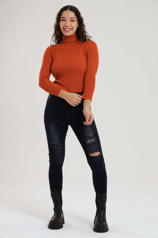 Ladies Dark Blue High Rise Ripped Stretch Skinny Jeans