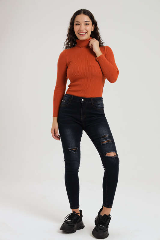 Ladies Dark Blue High Rise Ripped Stretch Skinny Jeans