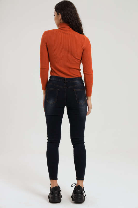 Ladies Dark Blue High Rise Ripped Stretch Skinny Jeans